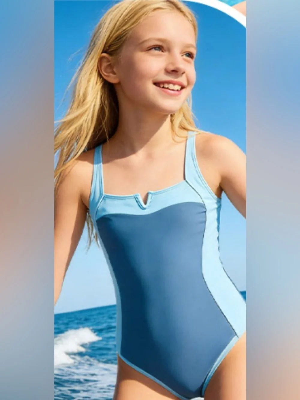 NWT-15-16 Girl Grey-Blue Adjustable Strap Color Block Padded Pool Beach Swimwear